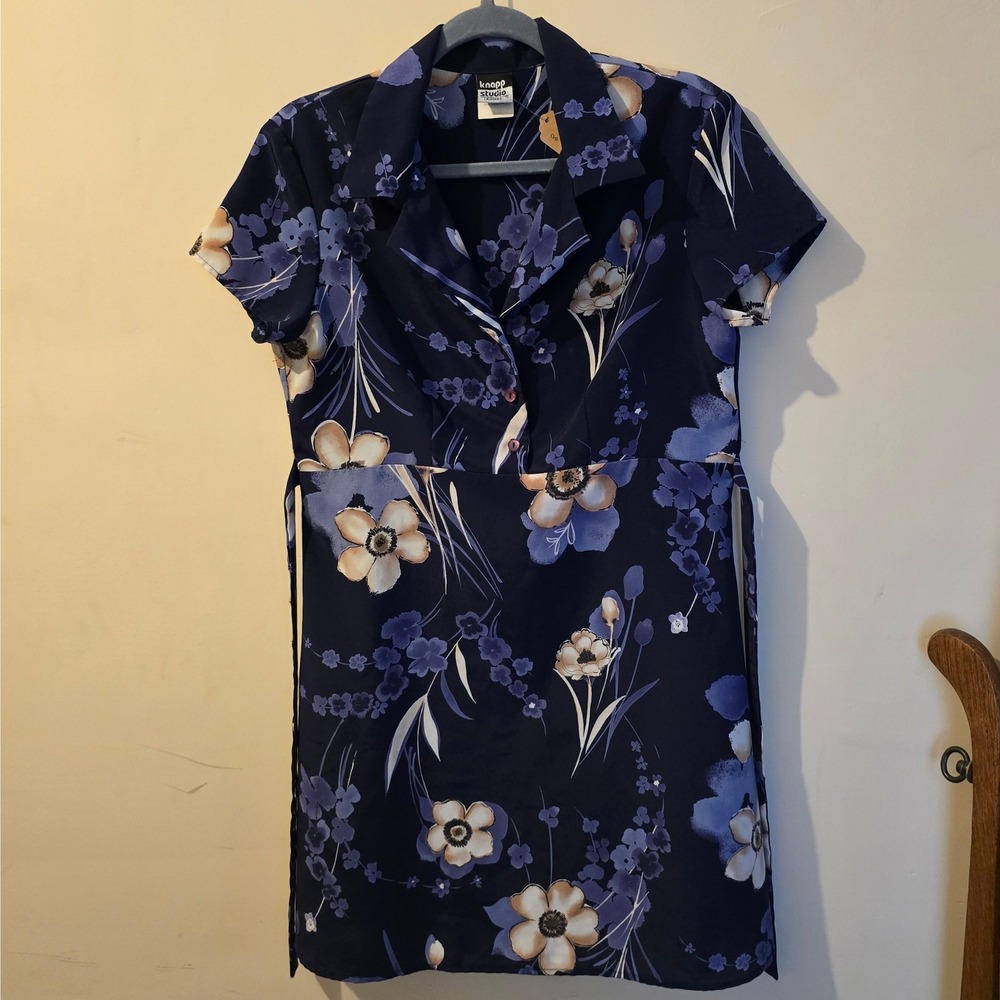 Knapp Studio California Vintage Floral Dress Navy Blue Short Sleeve Medium